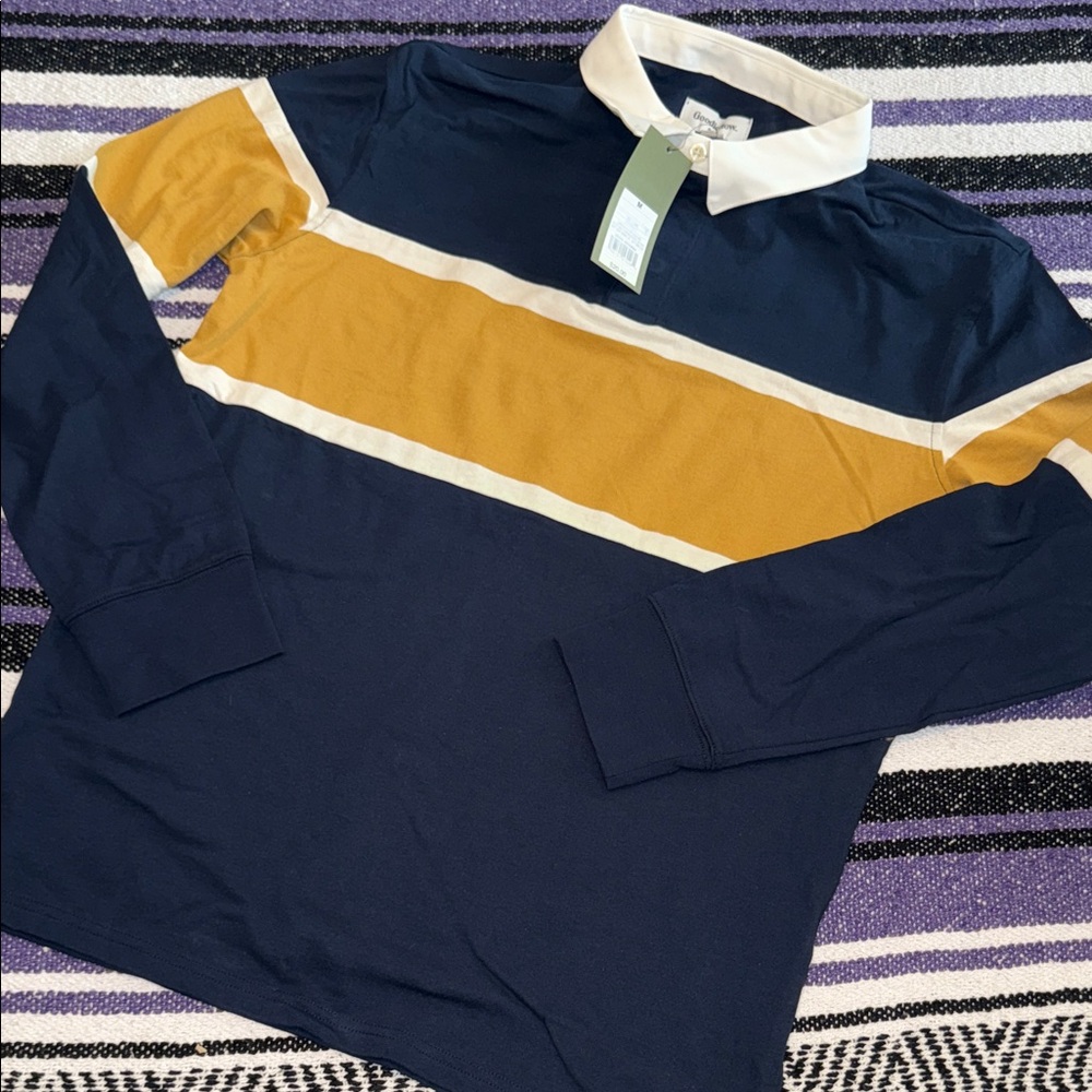 2/$15
Goodfellow men’s navy  and Mustard Striped Long Sleeve top size medium NWT